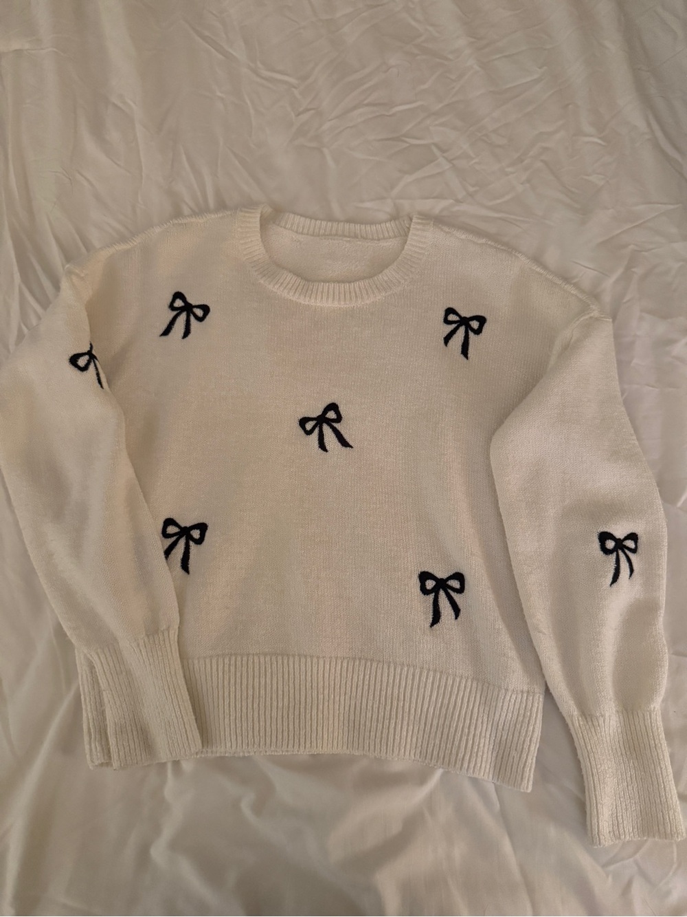 abercrombie kids White Crewneck Sweater with Navy Bow Embroidery